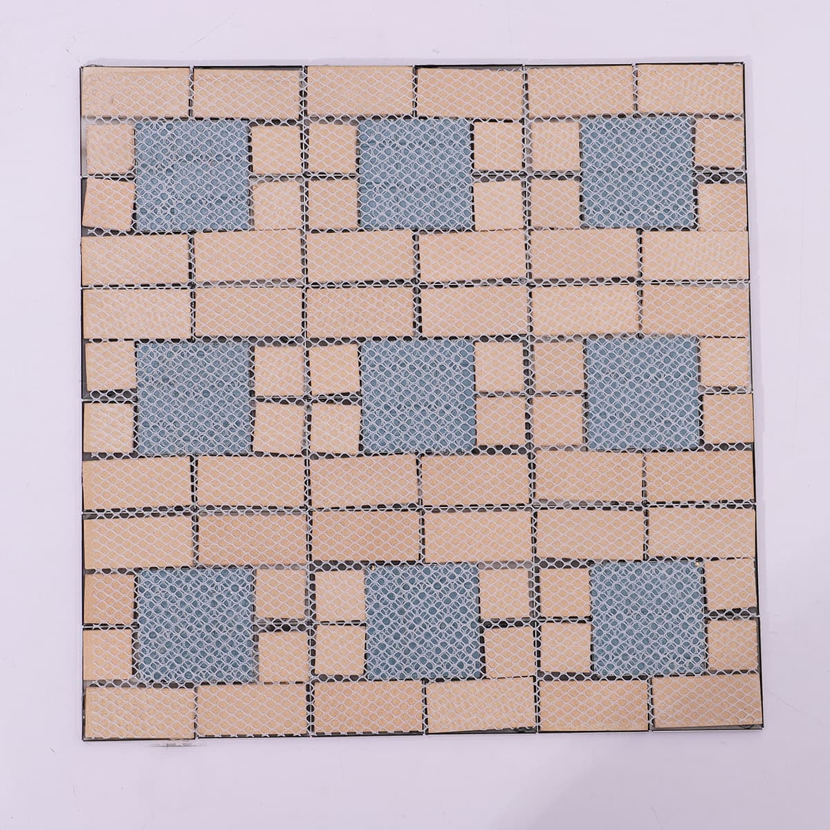 Back mesh view of square mosaic tile in black and gold tone