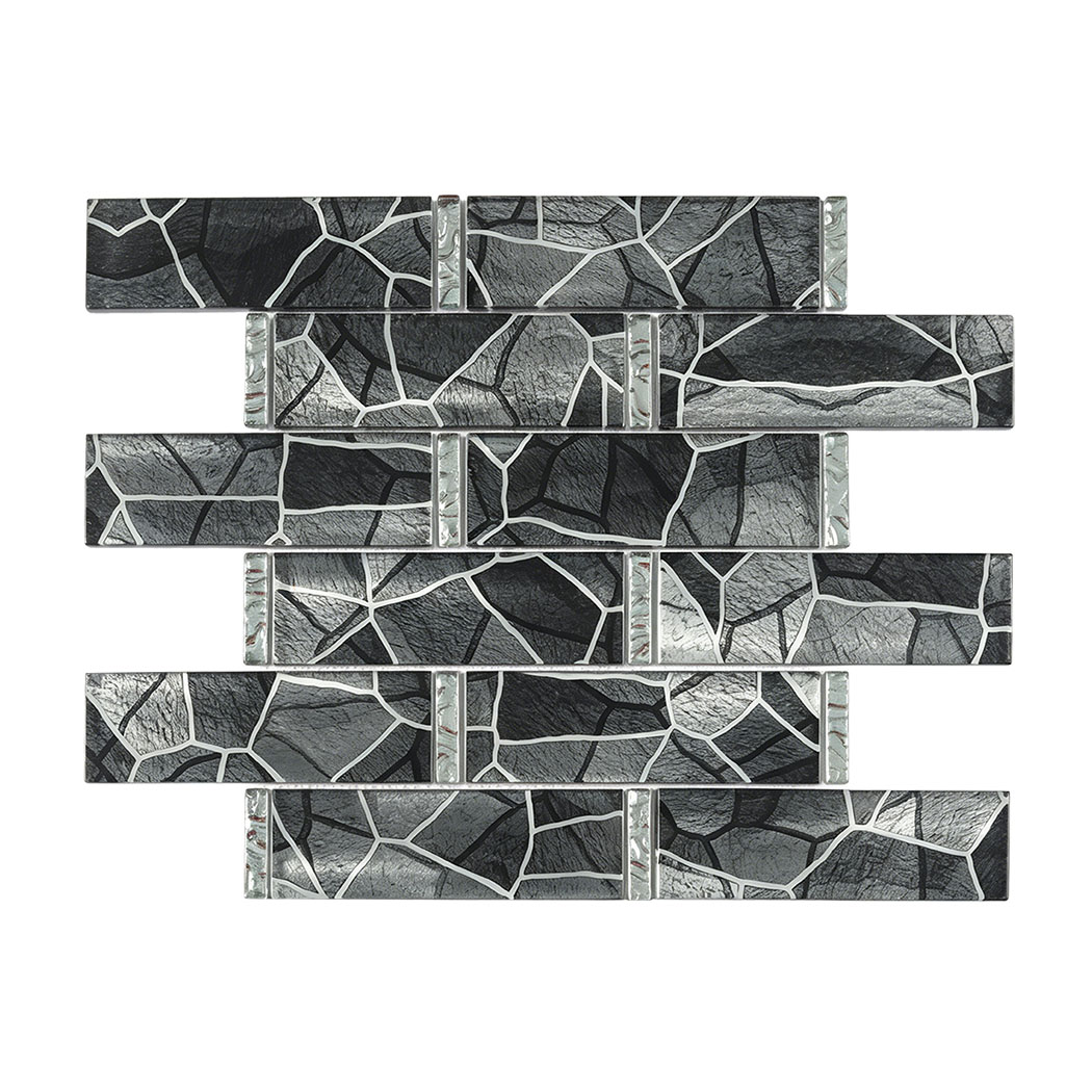 Front view of black gray crackle glass subway mosaic in staggered layout