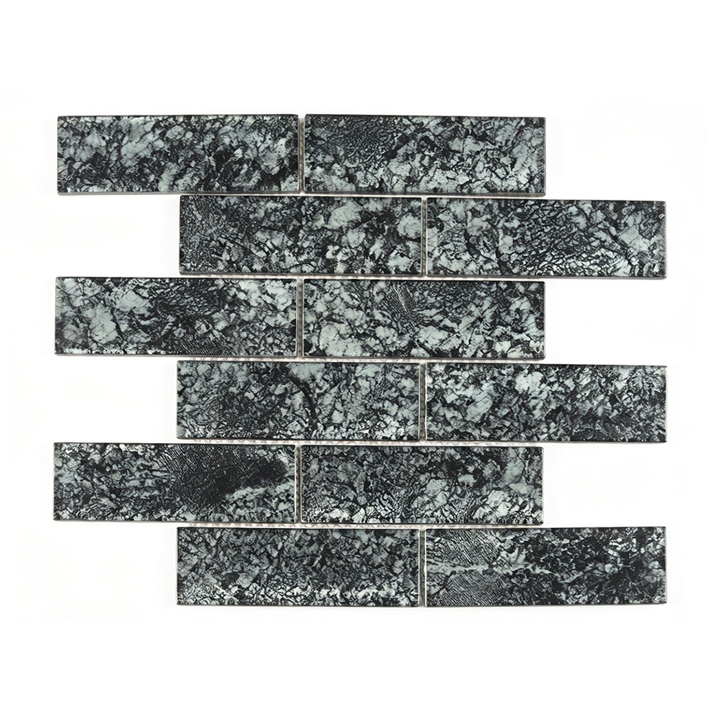 Black gray crackle glass subway tile in staggered brick pattern