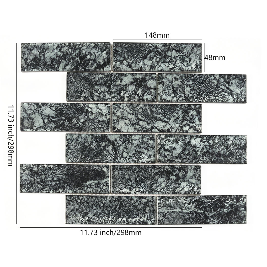 Black gray crackle glass subway tile sheet with 148x48 mm chip size
