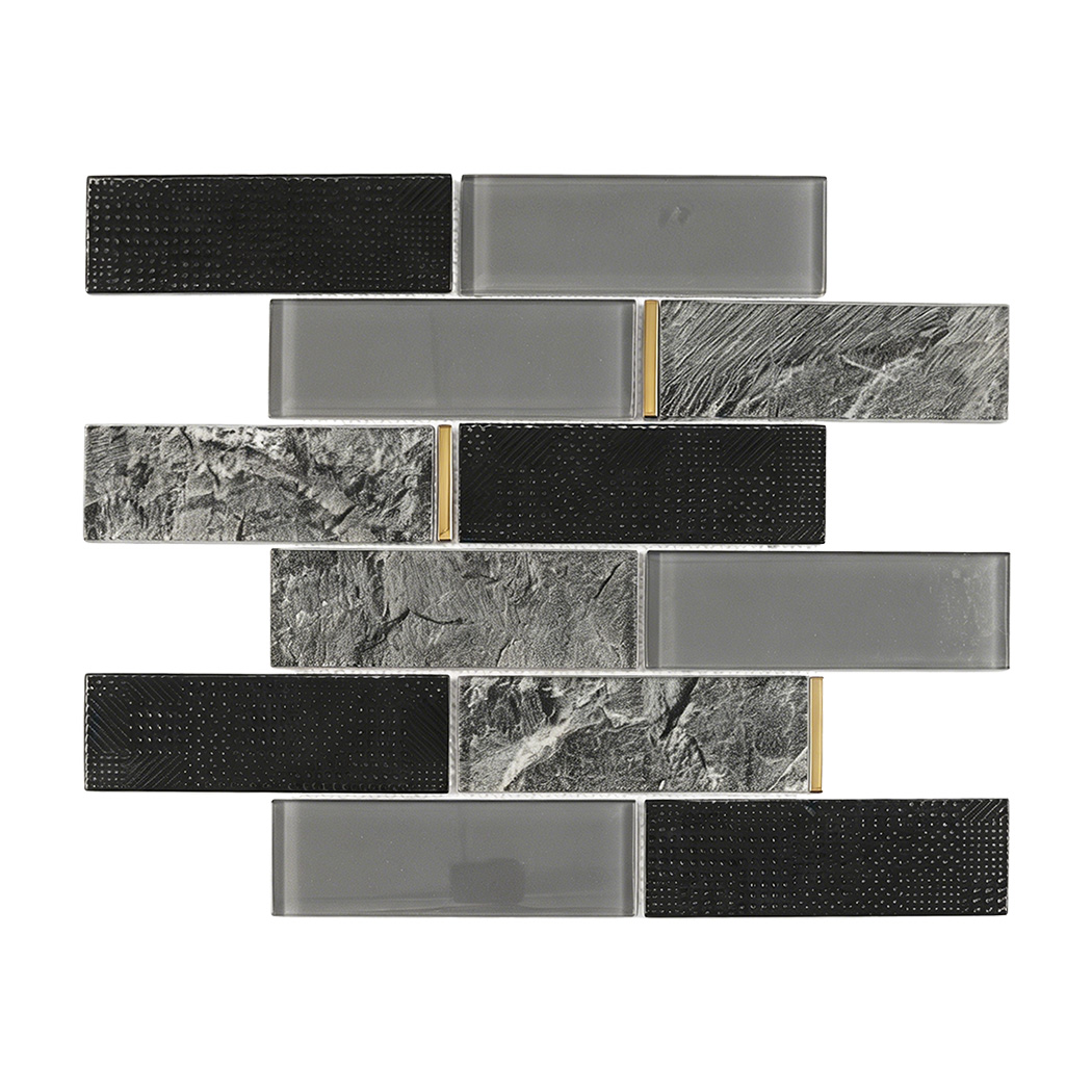 Front view of black gray glass subway mosaic with textured black pieces