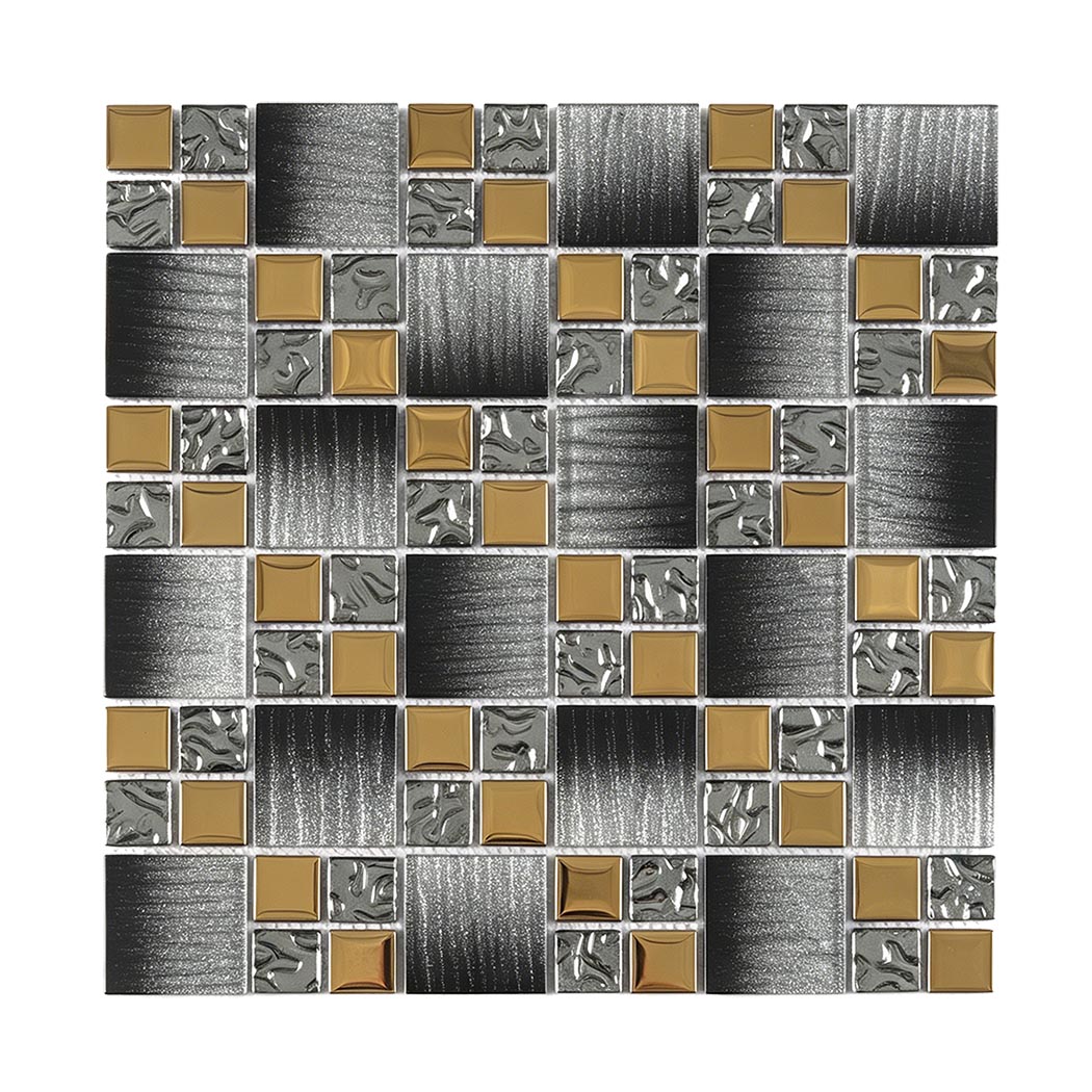 Full black silver and electroplated gold square glass mosaic sheet on white background