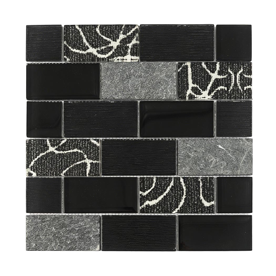 Black gray mixed glass brick mosaic tile sheet with glossy and textured chips