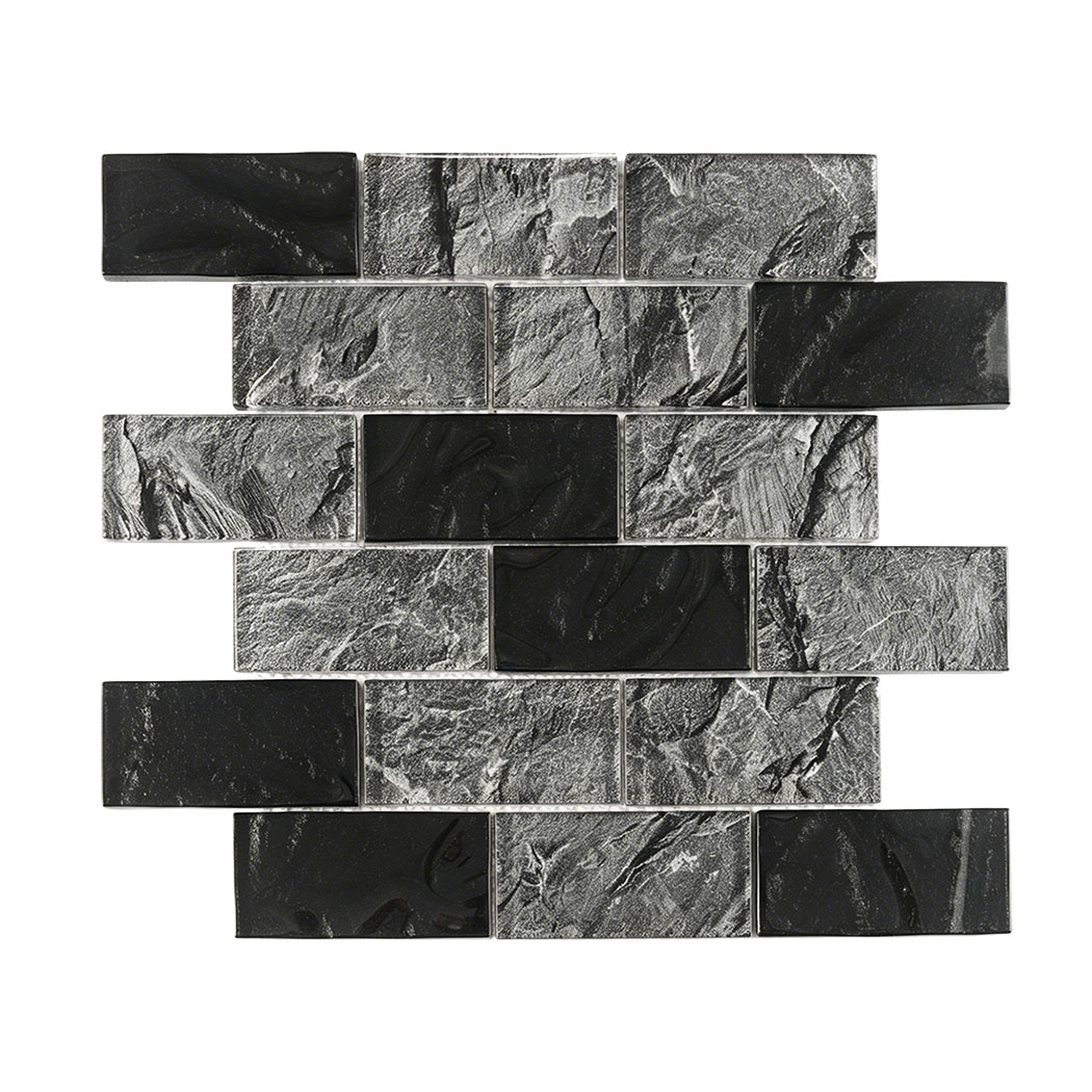 Black gray stone look glass brick mosaic tile sheet with glossy black chips