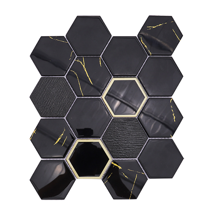 Front view of black hexagon gold vein mosaic tile sheet.