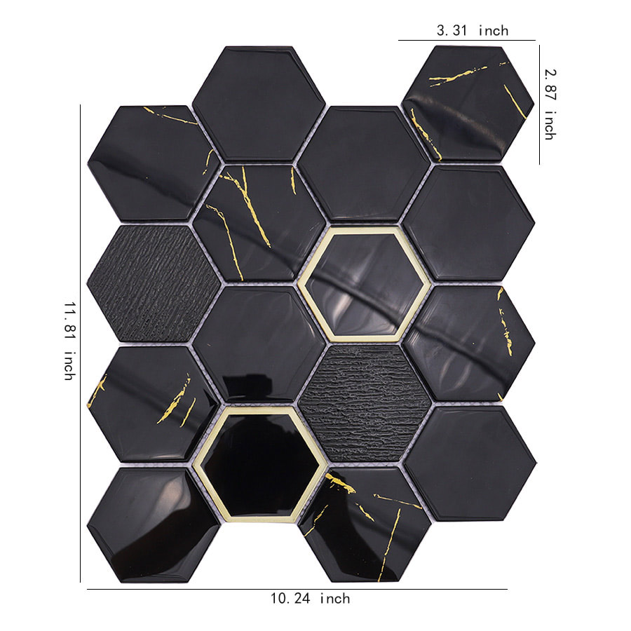 Black hexagon gold vein mosaic tile sheet with size measurements in inches.