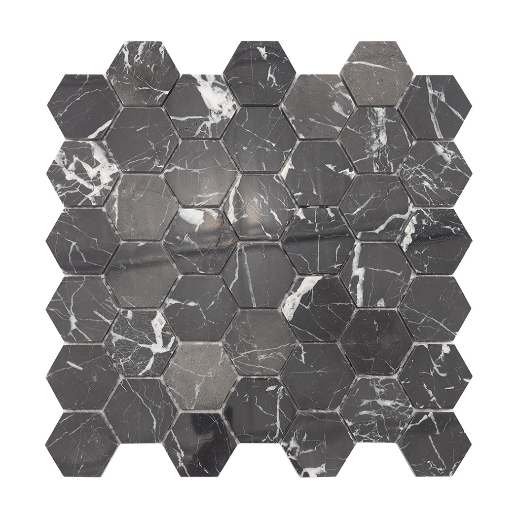 Full sheet view of black hexagon marble mosaic tile with natural white veins