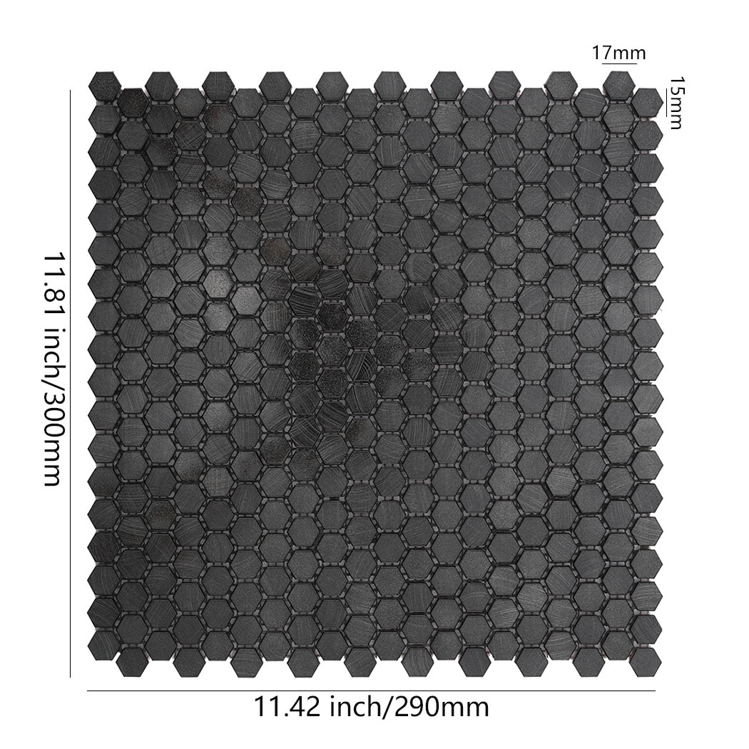 Dimension diagram of matte black hexagon aluminum mosaic tile sheet
