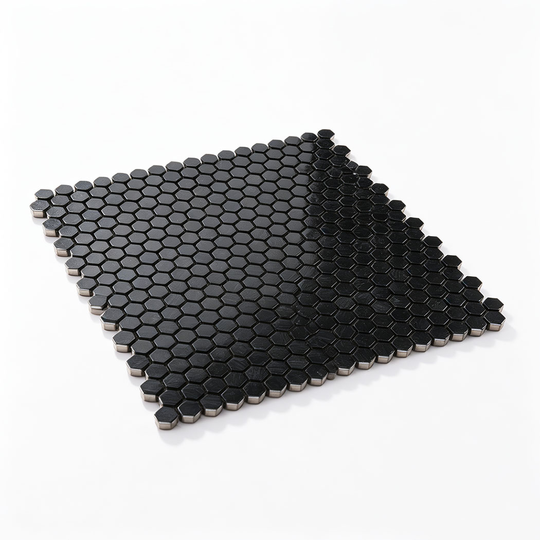 Angled perspective view of black hexagon aluminum mosaic sheet