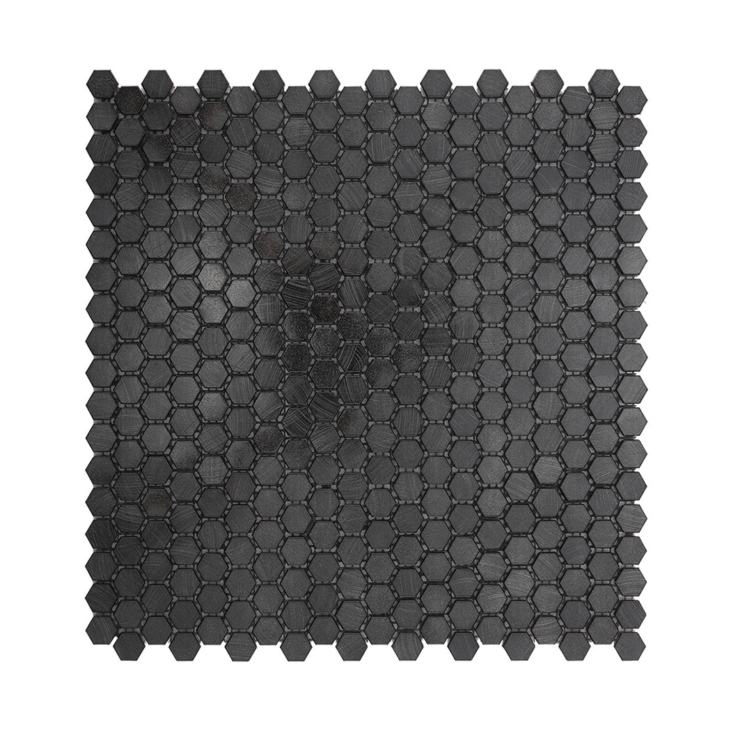 Front view of matte black hexagon aluminum mosaic tile sheet