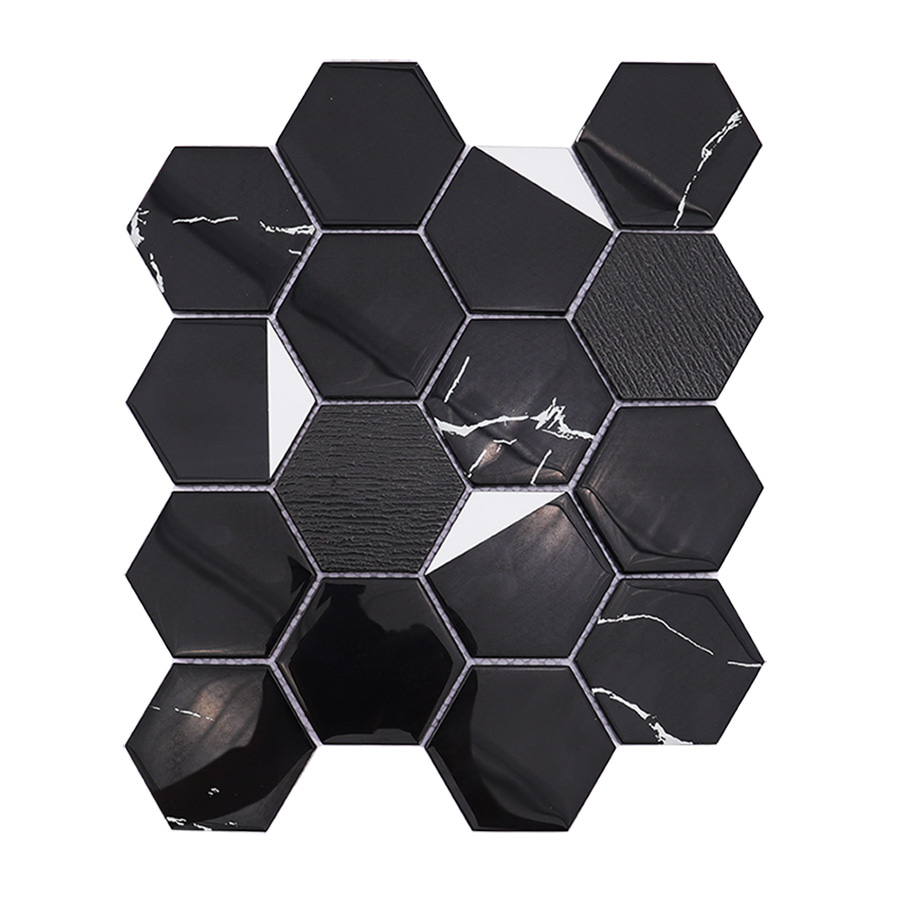 Front view of black hexagon mosaic tile sheet with mixed glossy and matte textures