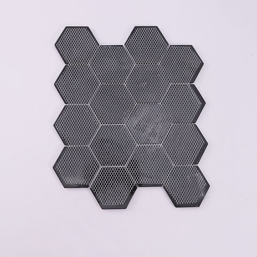 Back mesh of black hexagon silver vein glass mosaic tile sheet.