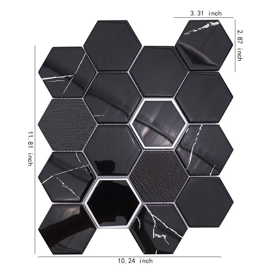 Black hexagon glass mosaic tile with silver veins and size measurements in inches.