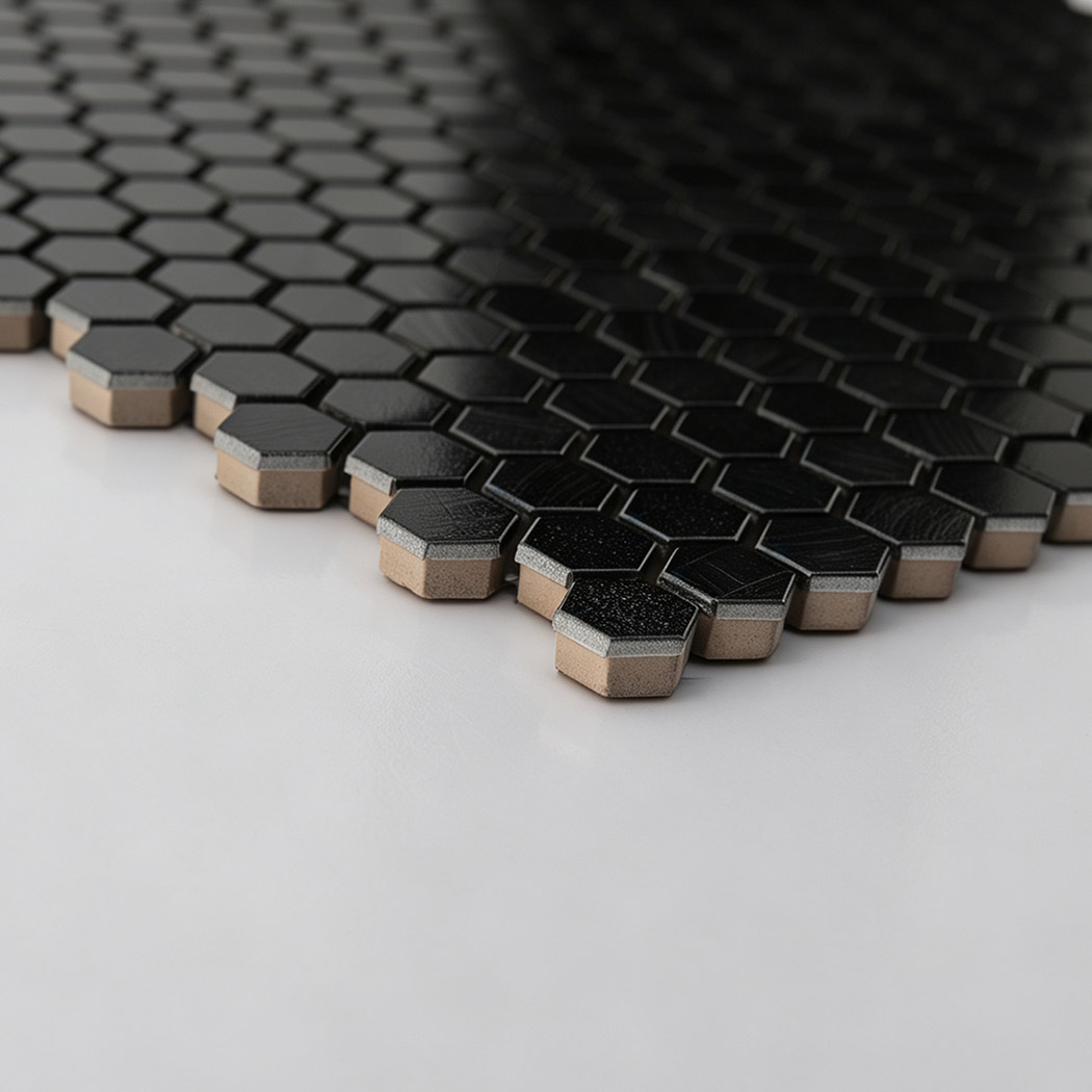 Side view showing edge bevel on black hexagon mosaic tile