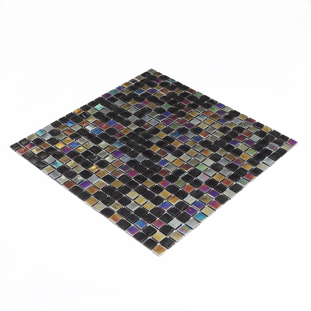 Perspective view of black iridescent square glass mosaic tile sheet