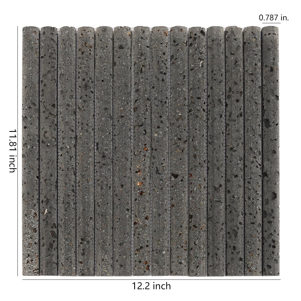 Top view of black lava stone kit kat mosaic tile with 12.2 by 11.81 inch dimensions.