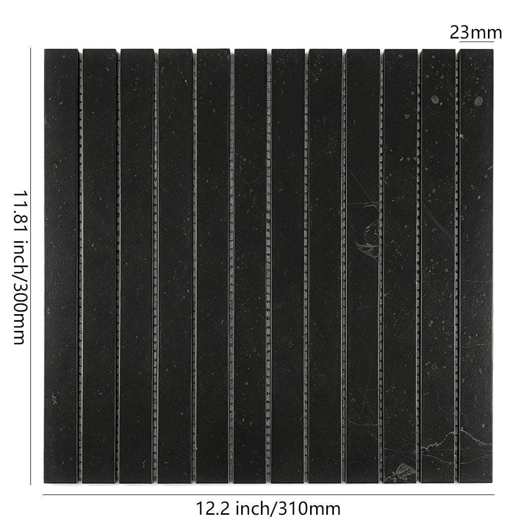 Black linear marble mosaic tile with 23 mm strips on a 300 by 310 mm sheet