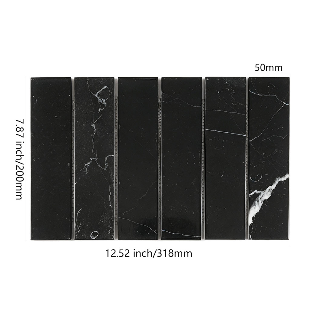 Black marble mosaic with 50 by 200 mm strips on a 318 by 200 mm sheet