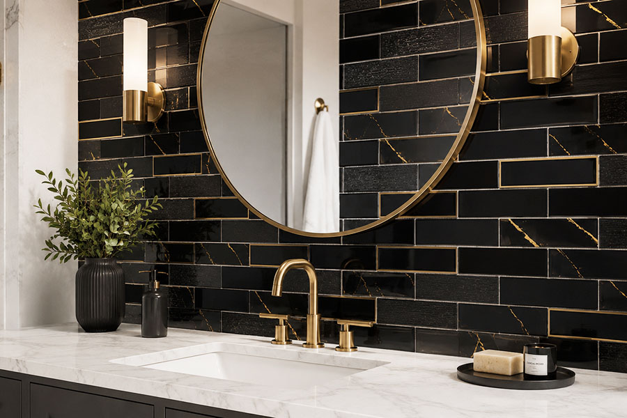 Black glass subway tile vanity backsplash with gold veining and brass fixtures