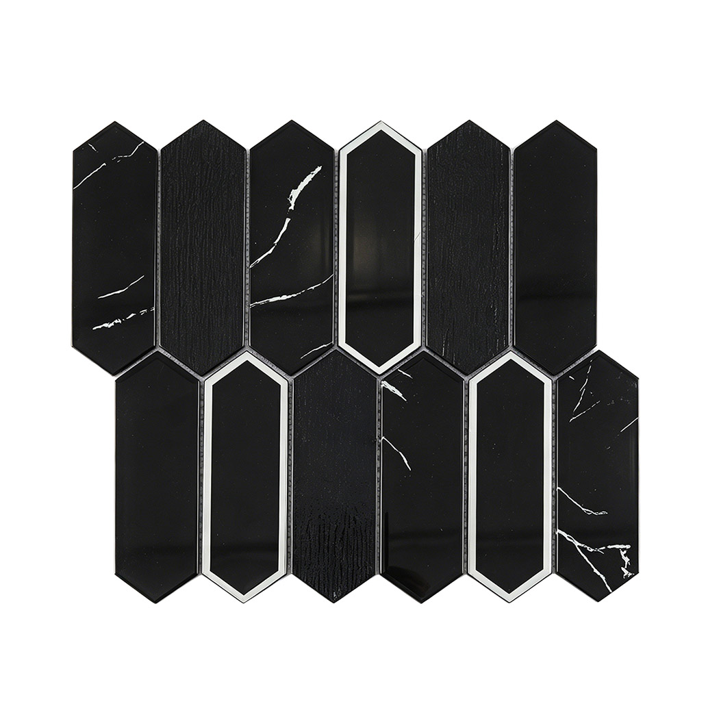 Black marble look picket glass mosaic with textured pieces and silver accents