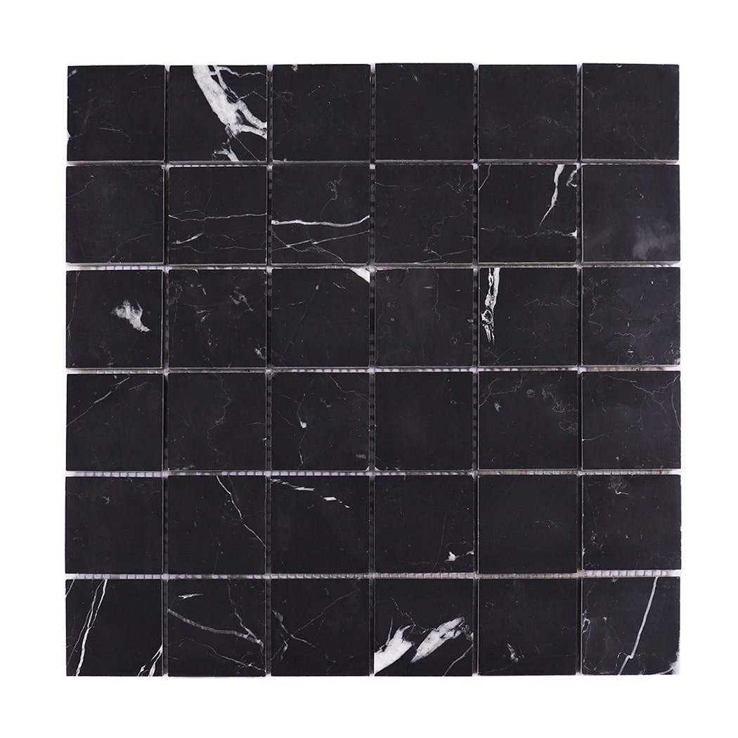 Front view of black marble square mosaic tile sheet.