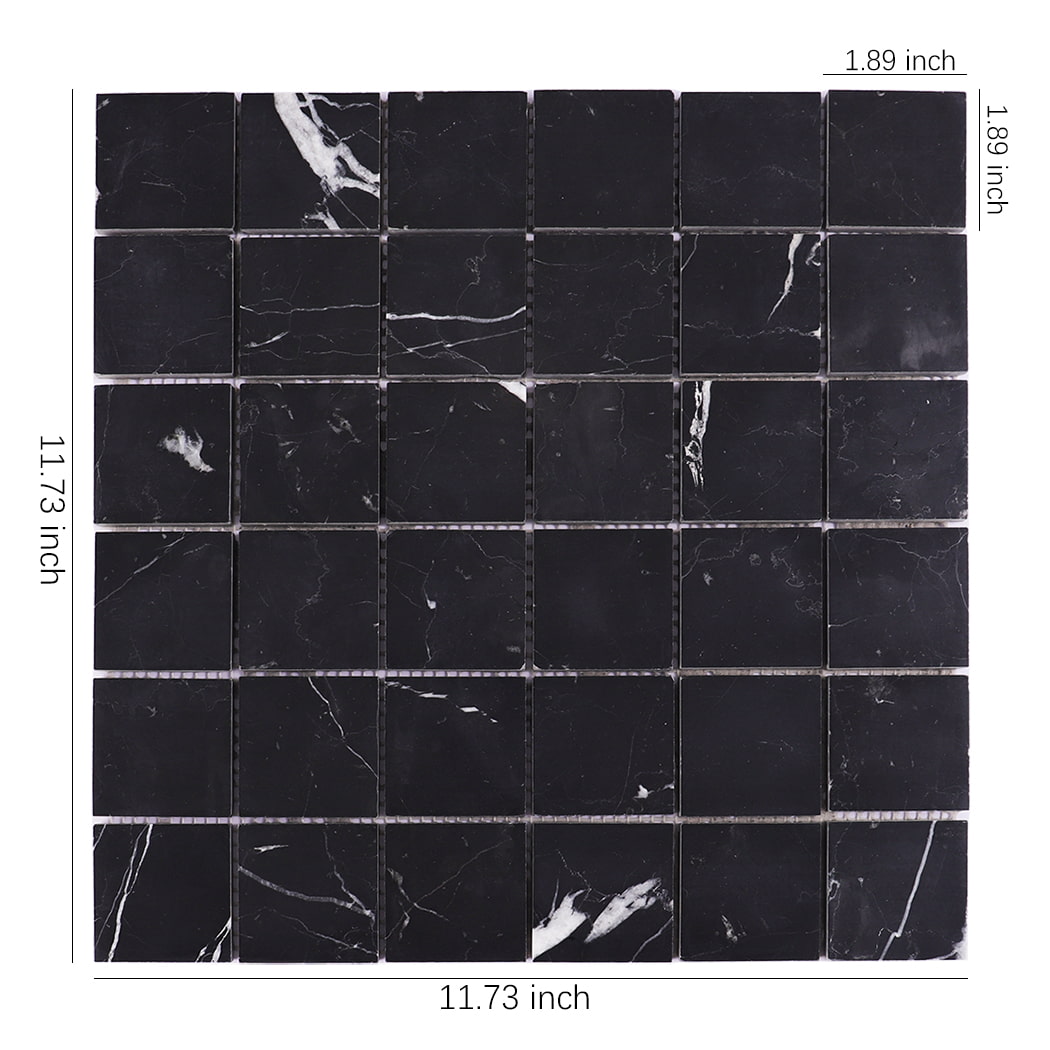 Black marble square mosaic tile with size measurements in inches