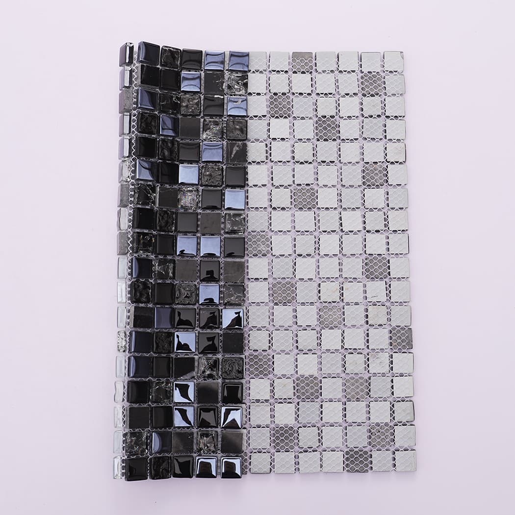 Black metallic black crystal glass mosaic tile with mesh backing view