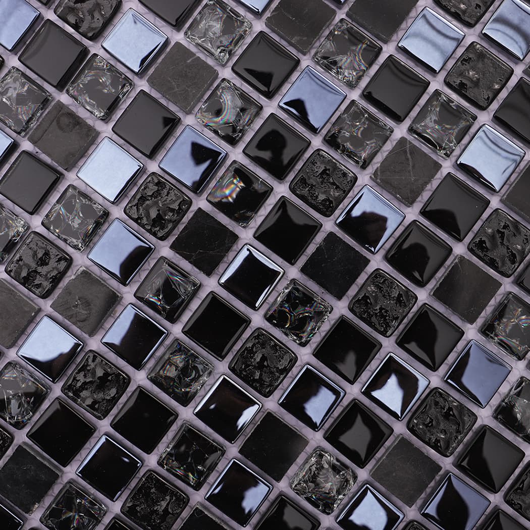 Close-up of black metallic black crystal glass mosaic tile pattern