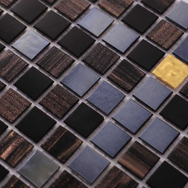 Metallic finish pool-safe tile with gold foil glass accent