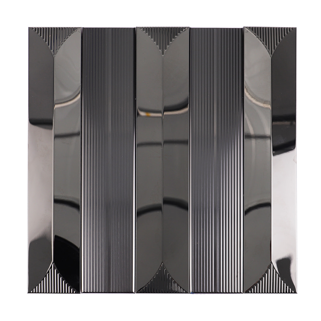 Front view of black metallic strip mosaic tile with glossy finish.