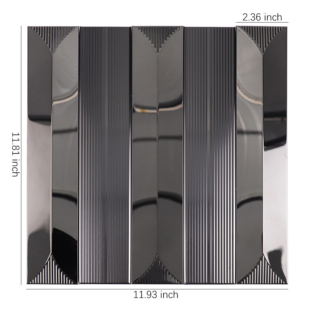 Black metallic strip mosaic tile with inch size measurements shown.
