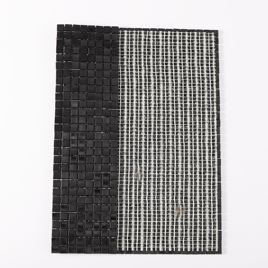 Front tile surface and mesh backing of black mini glass mosaic tile sheet