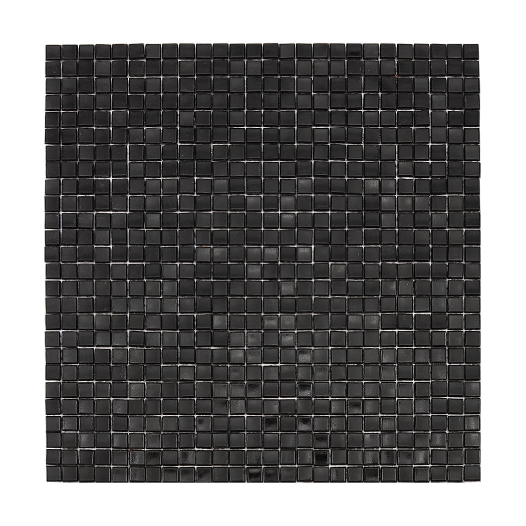 Flat layout of black mini glass mosaic tile sheet on white background