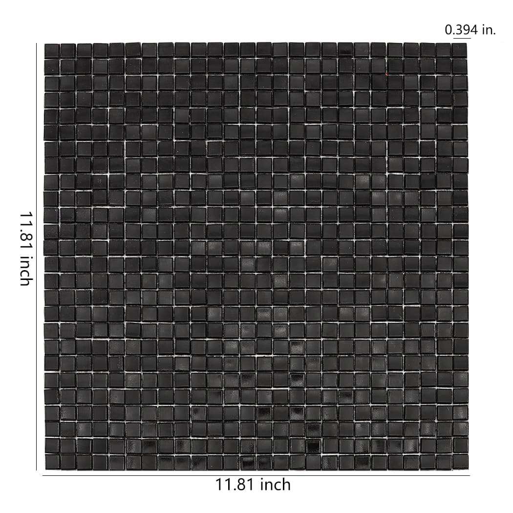 Black mini glass mosaic tile sheet shown with full size reference