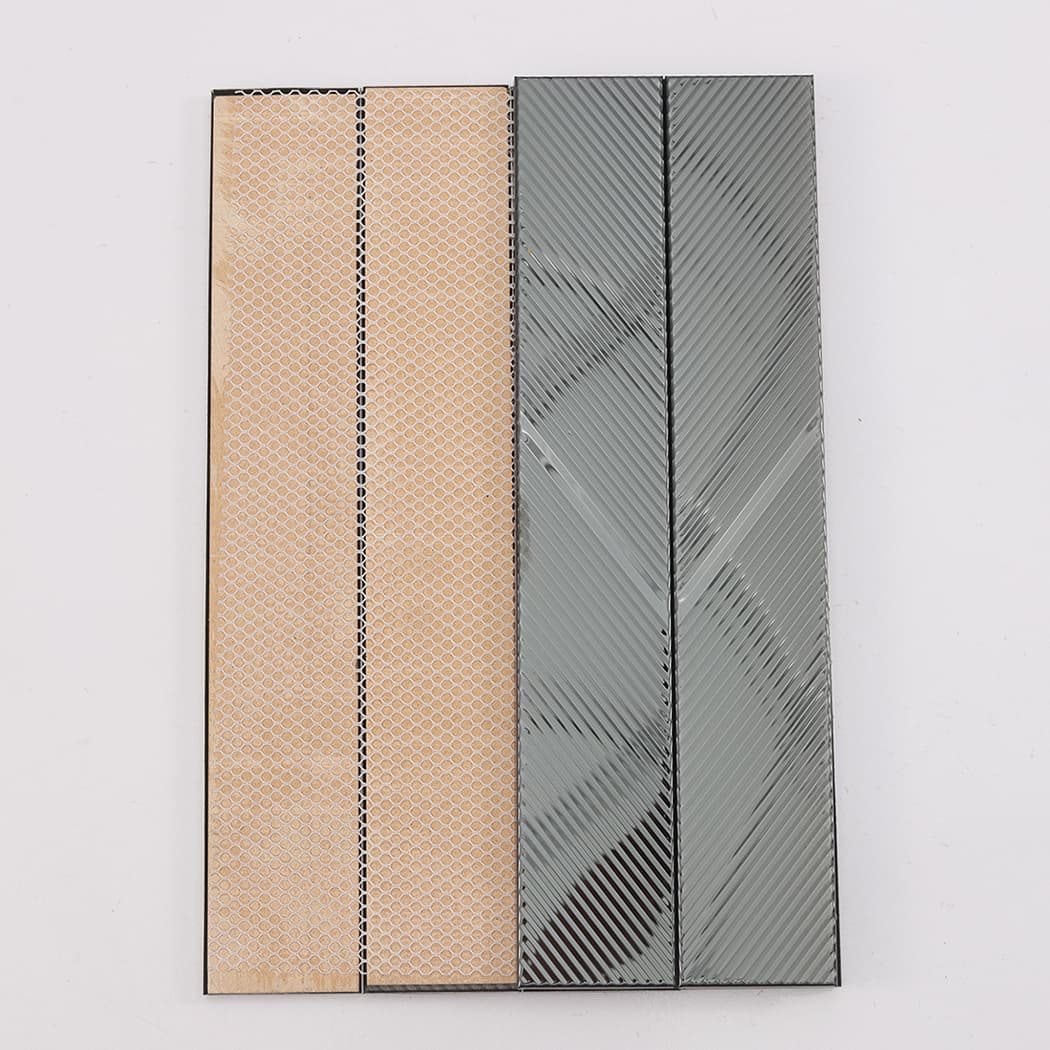 Back view of black mirror stainless steel tile sheet with mesh backing and front sample