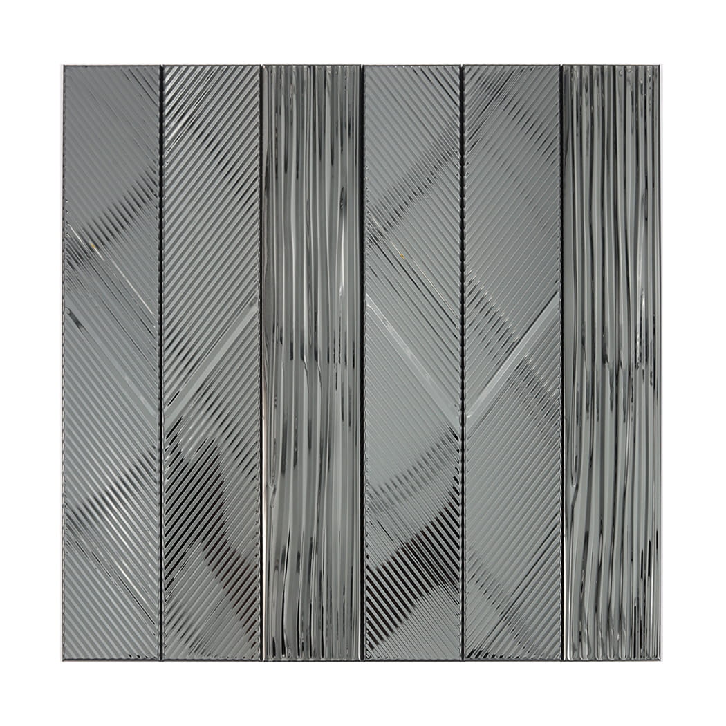 Full sheet of black mirror stainless steel tiles with mixed grooved line patterns
