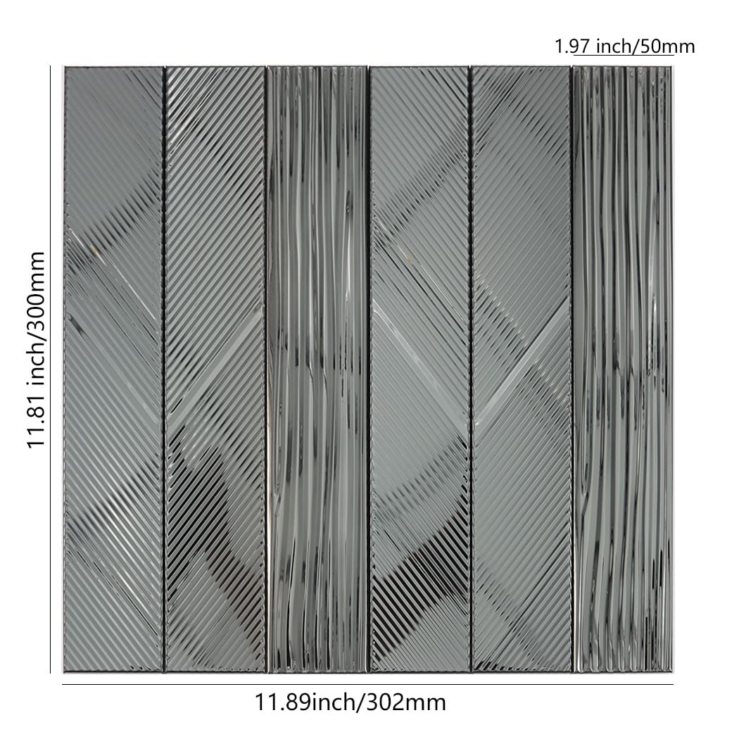 Black mirror stainless steel tile sheet with vertical and diagonal grooves and size markings