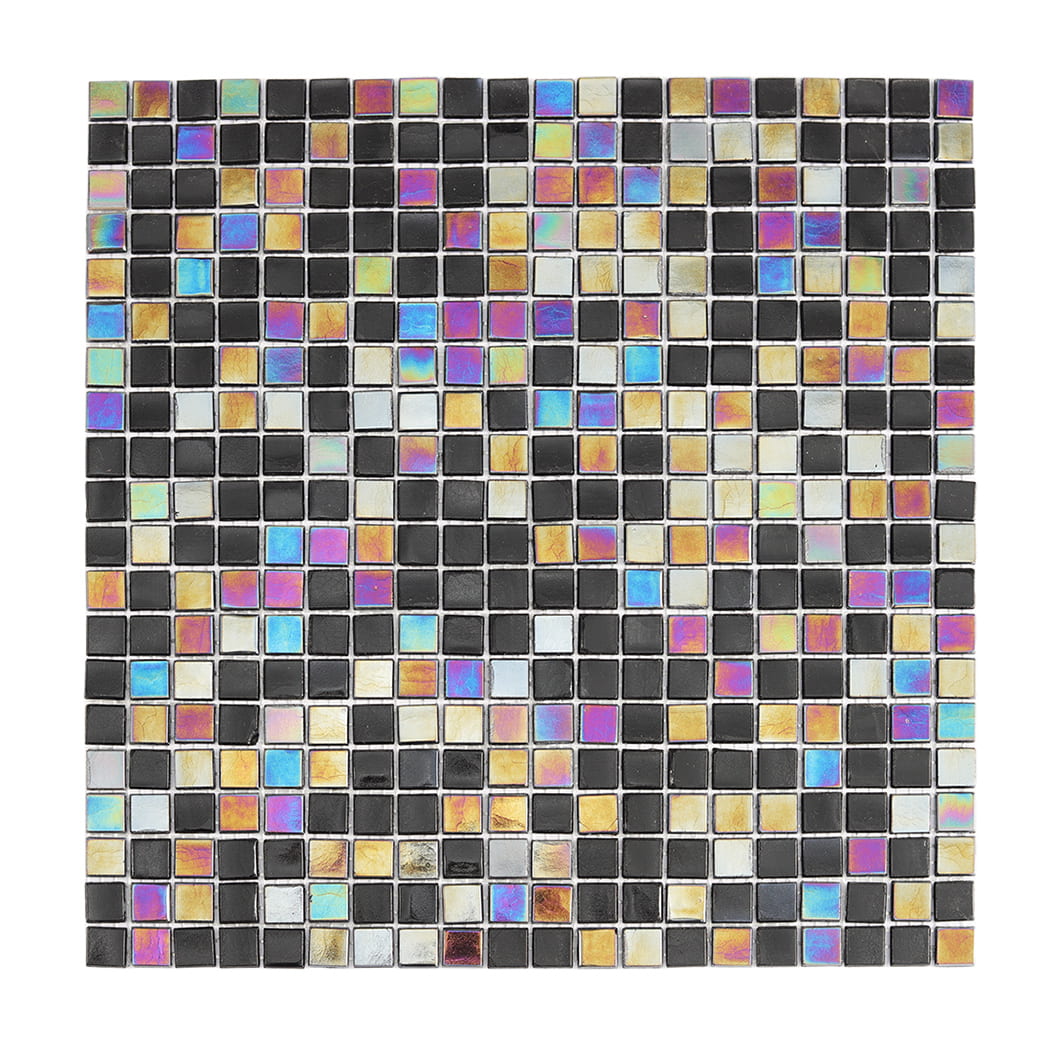 Flat layout of black glass mosaic tile accented with iridescent color pieces