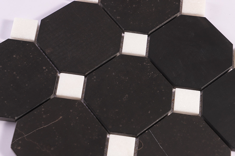 Elegant black octagon floor tiles with white square accents for timeless flooring design