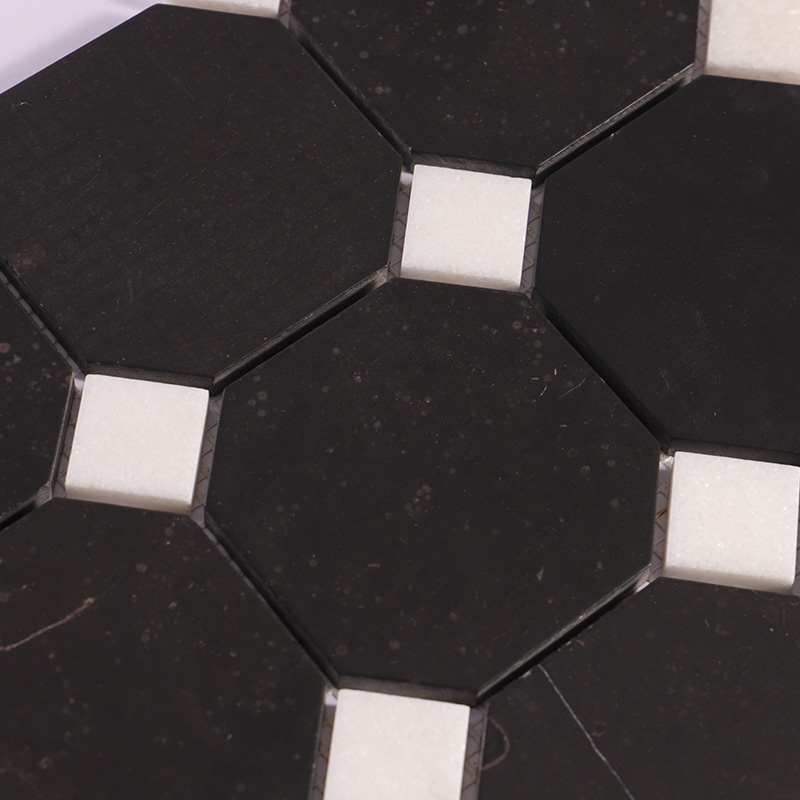 Black octagon floor tiles with small white square inserts, classic mosaic style flooring