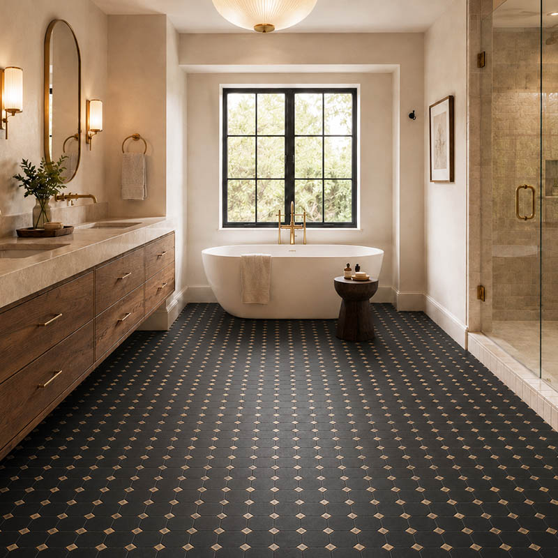 Black octagon marble bathroom floor with beige dot accents in a luxury bathroom
