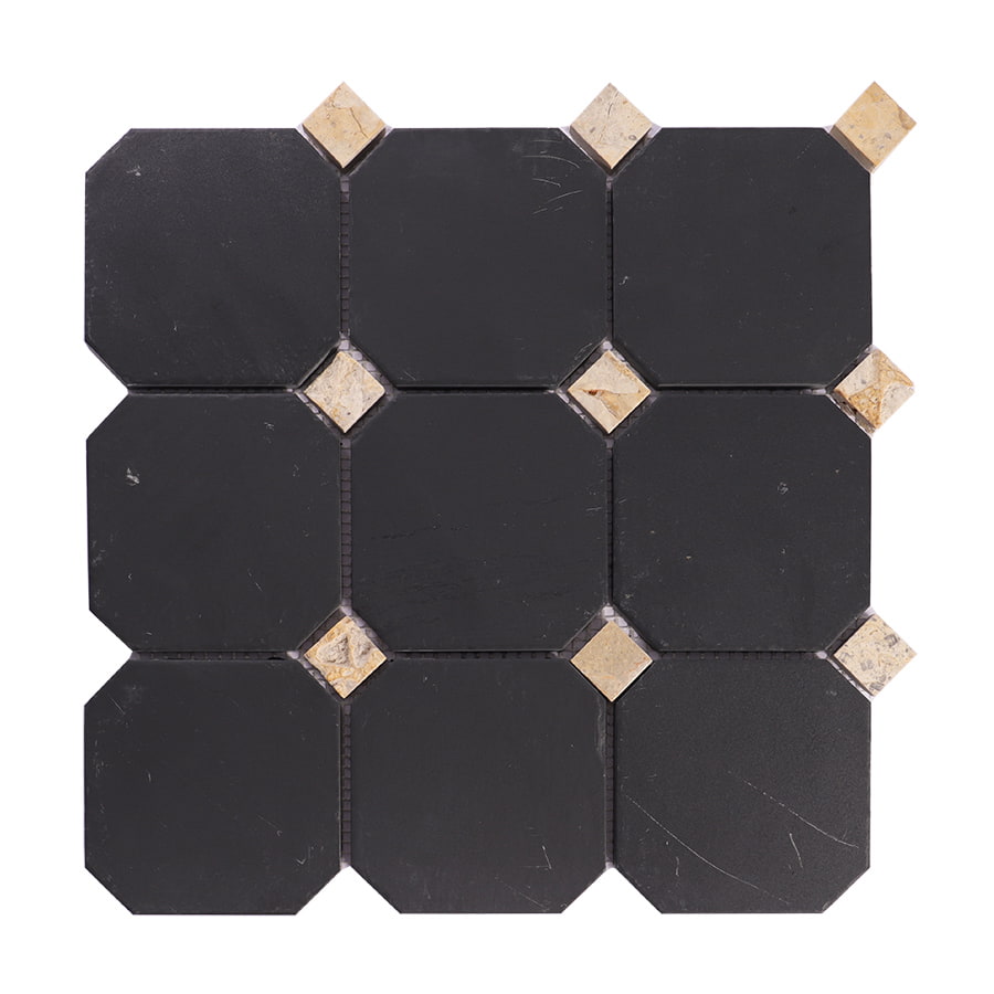 Front view of black octagon marble mosaic with beige square accents