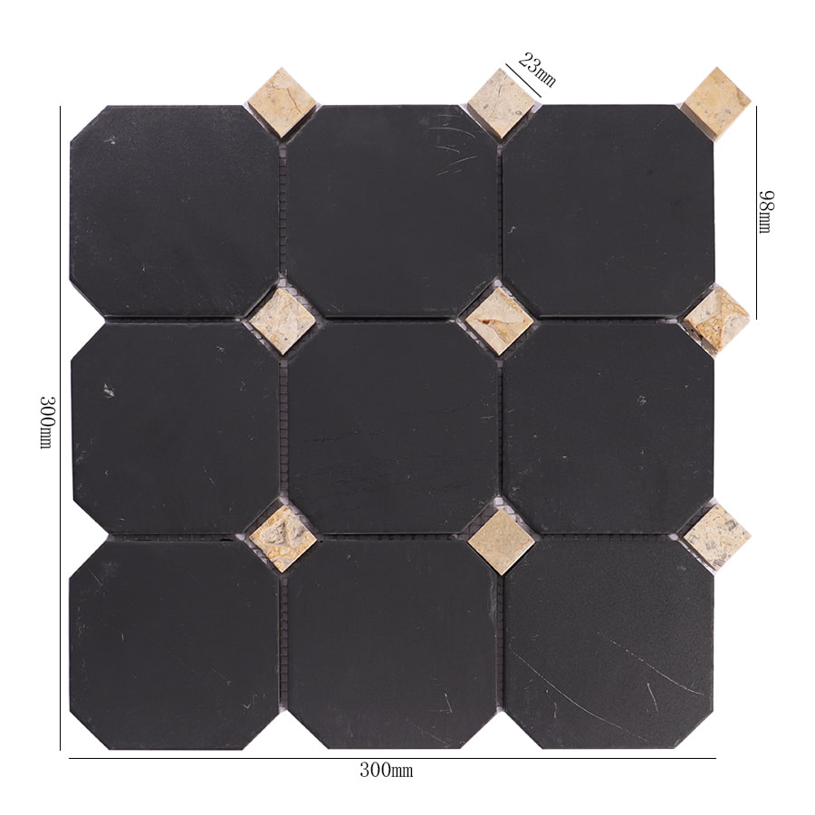 Black octagon marble mosaic with beige square accents and size dimensions