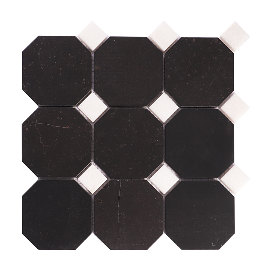 Front view of black octagon marble mosaic with white square accents