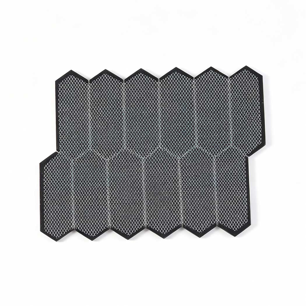 Back view of black picket glass mosaic sheet with mesh mounted backing