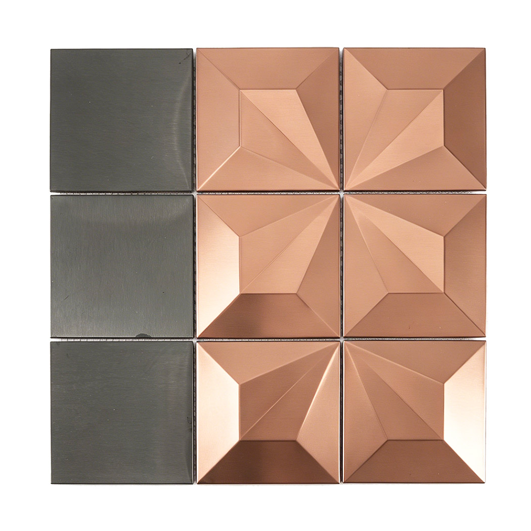 Front view of black brushed and rose gold 3D square metal mosaic tile