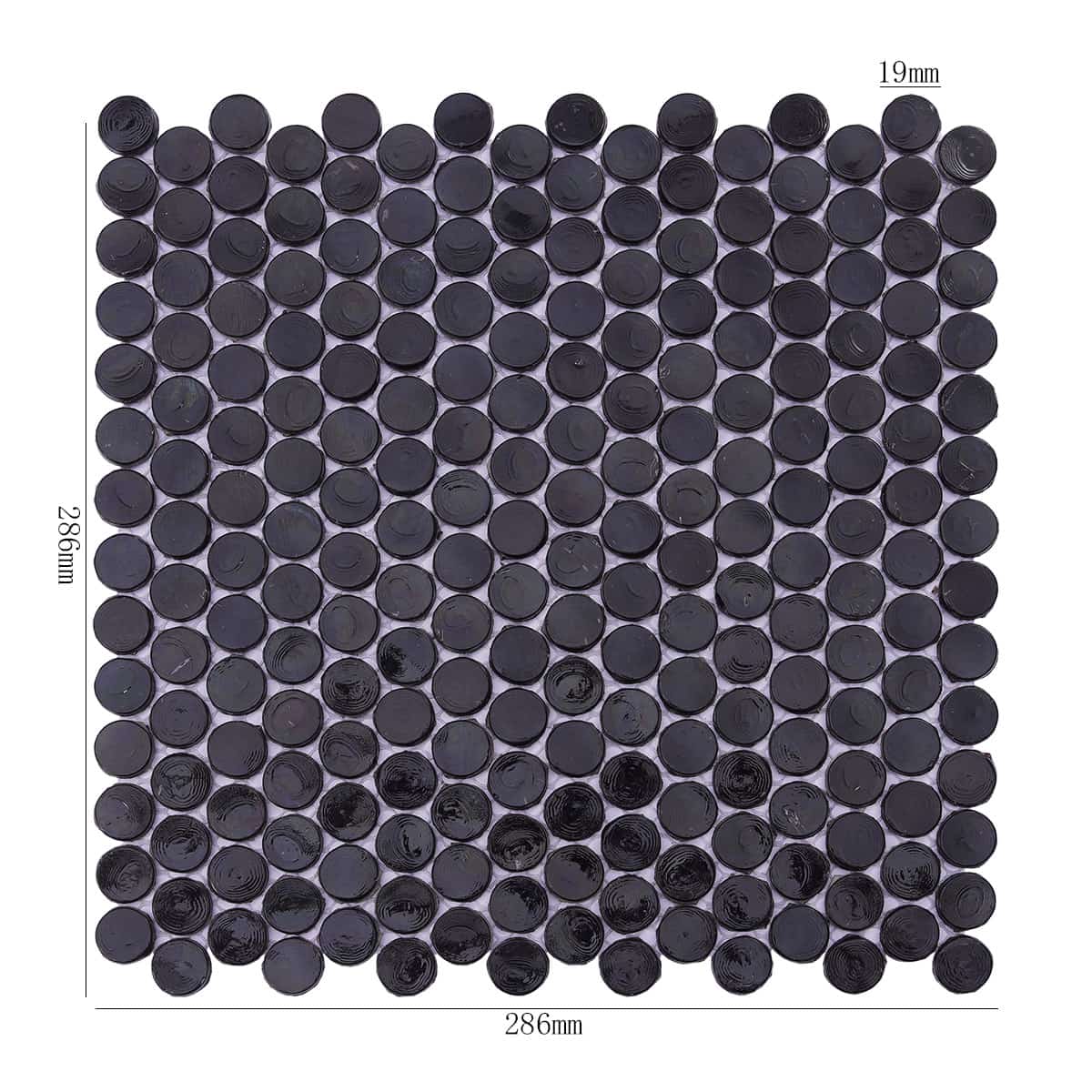 Black round mosaic tile sheet with 19mm size and 286x286mm full dimensions