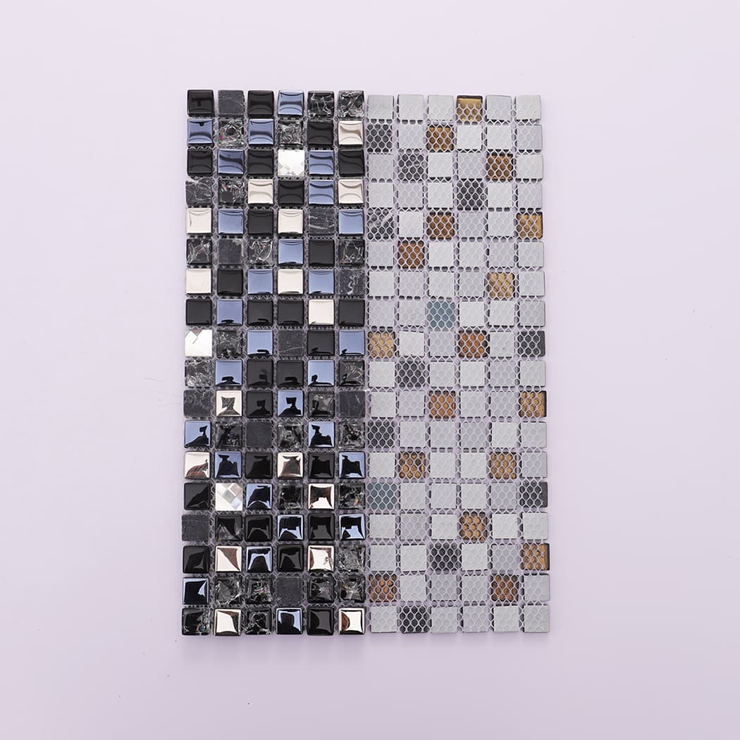 Black silver crystal glass mosaic tile with mesh backing view