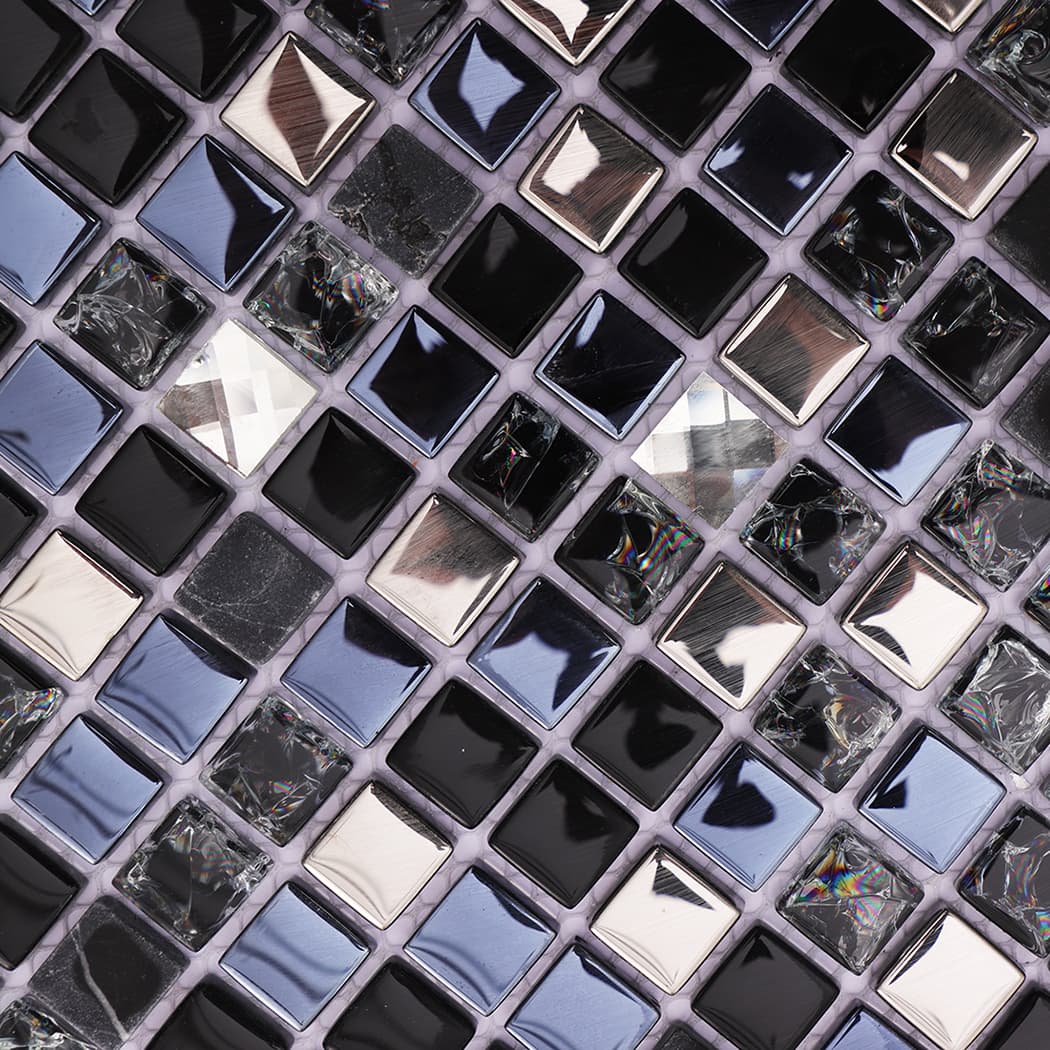 Close-up of black silver crystal glass mosaic tile pattern