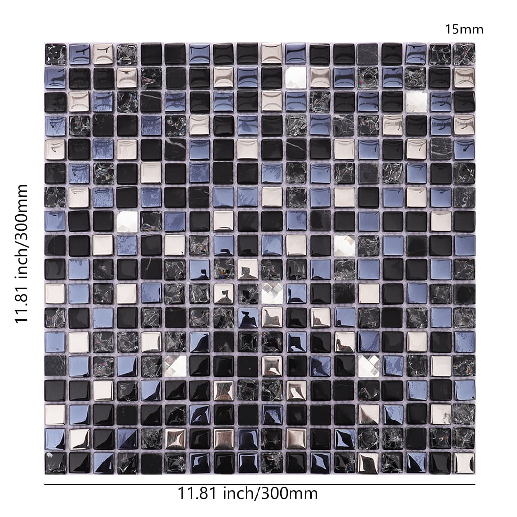 Black silver crystal glass mosaic tile sheet with size details